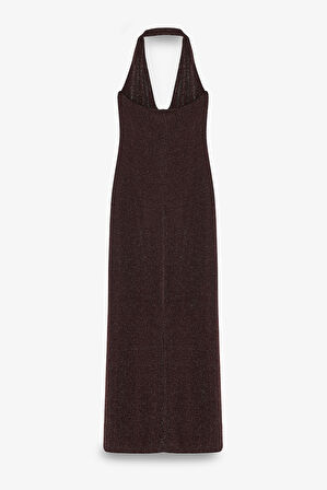 Simli Drape Yaka Midi Elbise Kahverengi