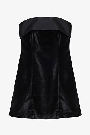 Saten Bantlı Kadife Straplez Mini Elbise Siyah