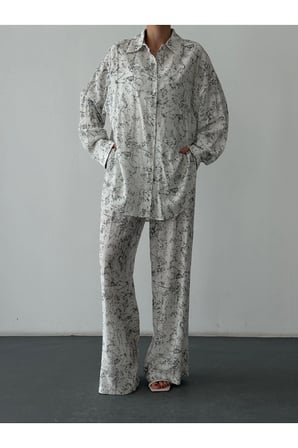 Quzu Batik Desenli Pantolon Ekru