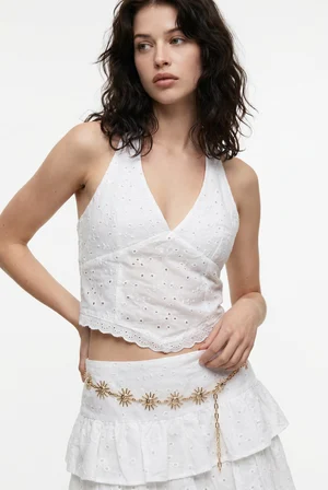 Halter Yaka İşlemeli Bluz Ekru