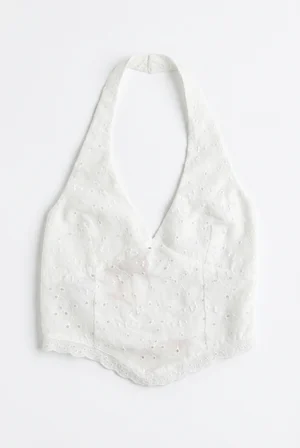 Halter Yaka İşlemeli Bluz Ekru