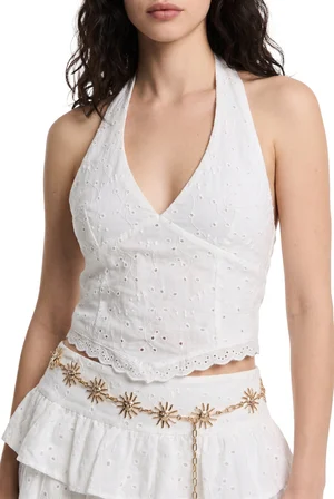 Halter Yaka İşlemeli Bluz Ekru
