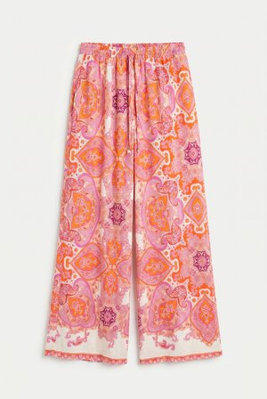 Beli Lastikli Şal Desenli Bol Paça Pantolon Pembe