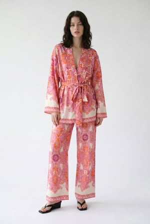 Beli Lastikli Şal Desenli Bol Paça Pantolon Pembe