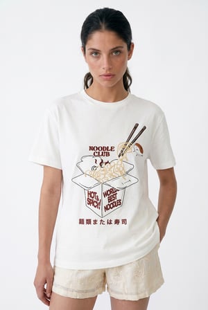 Noodle Nakışlı Baskılı Tişört Ekru