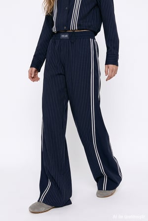 Çizgili Yan Şeritli Bol Paça Pantolon Lacivert