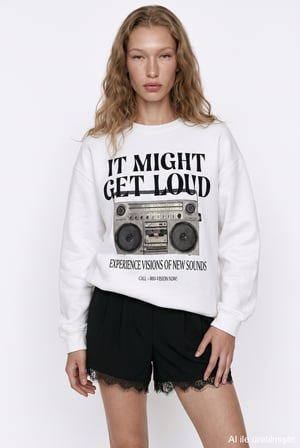 Radyo Baskılı Oversize Sweatshirt Ekru