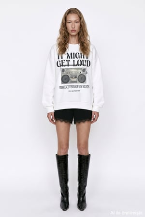 Radyo Baskılı Oversize Sweatshirt Ekru