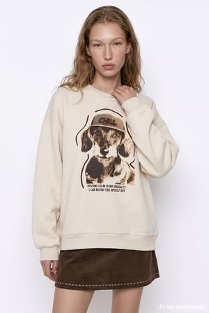 Chill Köpek Baskılı Oversize Sweatshirt Bej