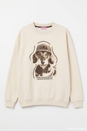 Chill Köpek Baskılı Oversize Sweatshirt Bej
