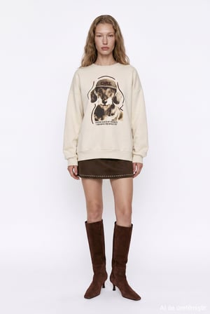 Chill Köpek Baskılı Oversize Sweatshirt Bej