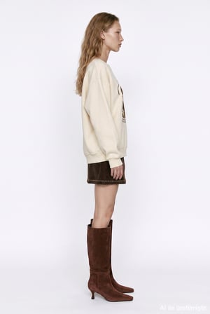 Chill Köpek Baskılı Oversize Sweatshirt Bej