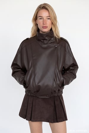 Asimetrik Oversize Bomber Deri Ceket Kahverengi