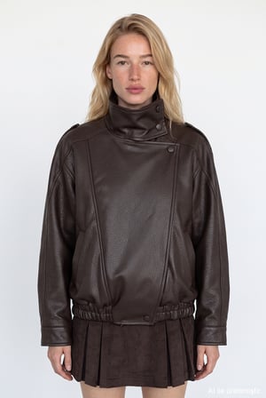 Asimetrik Oversize Bomber Deri Ceket Kahverengi