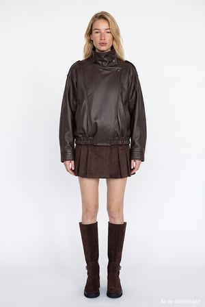 Asimetrik Oversize Bomber Deri Ceket Kahverengi
