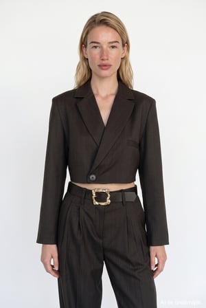 İnce Çizgili Kruvaze Crop Blazer Ceket Kahverengi