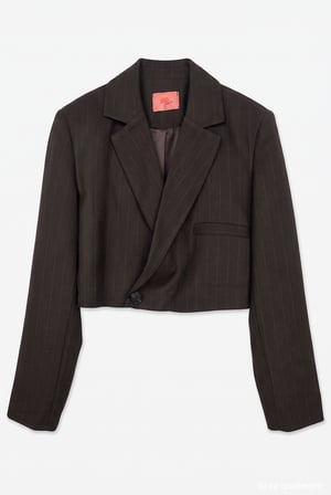 İnce Çizgili Kruvaze Crop Blazer Ceket Kahverengi