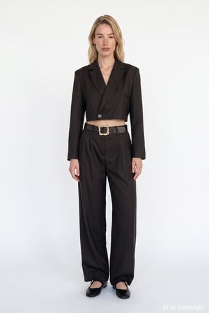 İnce Çizgili Kruvaze Crop Blazer Ceket Kahverengi