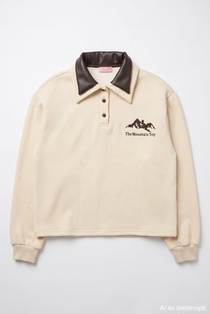 Polo Yaka Yazı Nakışlı Oversize Sweatshirt Bej