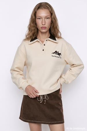 Polo Yaka Yazı Nakışlı Oversize Sweatshirt Bej