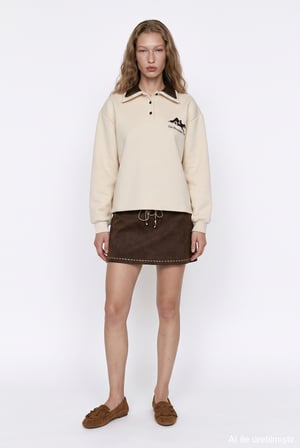 Polo Yaka Yazı Nakışlı Oversize Sweatshirt Bej
