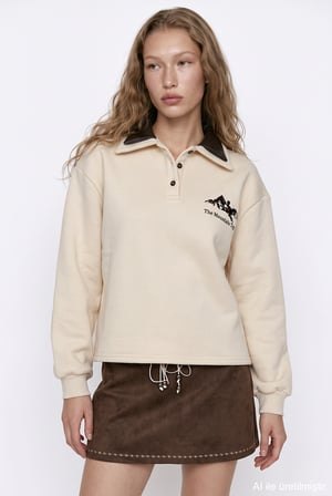 Polo Yaka Yazı Nakışlı Oversize Sweatshirt Bej
