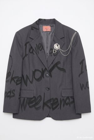 Yazı Baskılı Broş Aksesuarlı Oversize Blazer Ceket Gri