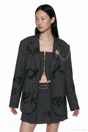 Yazı Baskılı Broş Aksesuarlı Oversize Blazer Ceket Gri