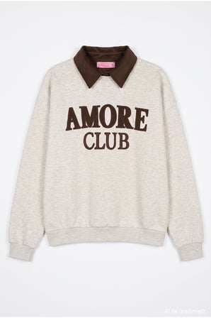Polo Yaka Amore Nakışlı Oversize Sweatshirt Bejmelanj