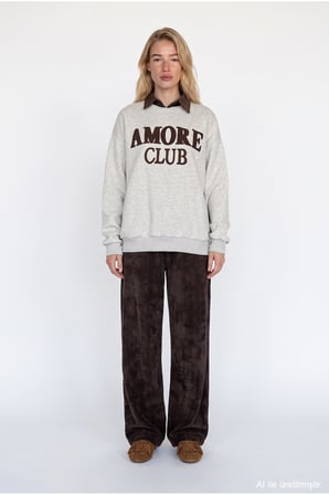 Polo Yaka Amore Nakışlı Oversize Sweatshirt Bejmelanj