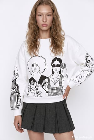 Portre Baskılı Bisiklet Yaka Sweatshirt Ekru