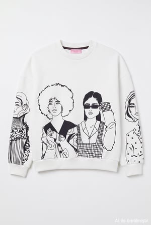 Portre Baskılı Bisiklet Yaka Sweatshirt Ekru