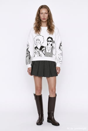 Portre Baskılı Bisiklet Yaka Sweatshirt Ekru