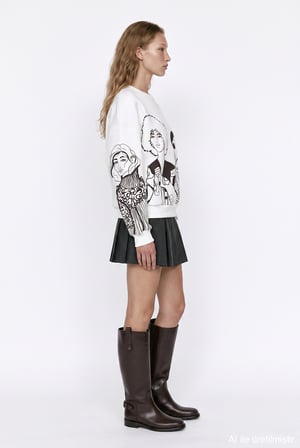 Portre Baskılı Bisiklet Yaka Sweatshirt Ekru