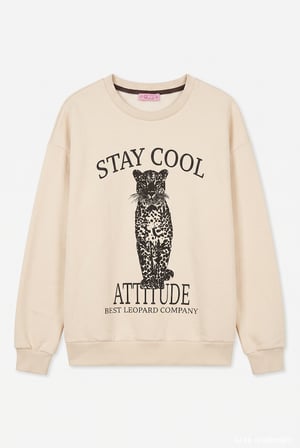 Leopar ve Yazı Baskılı Oversize Sweatshirt Bej