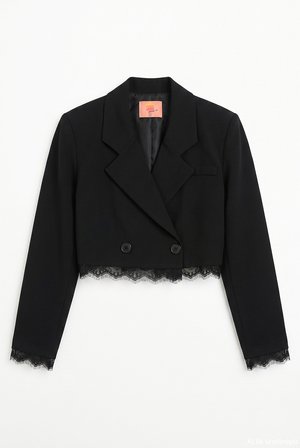 Dantel Garnili Crop Blazer Ceket Siyah