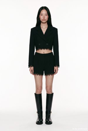 Dantel Garnili Crop Blazer Ceket Siyah
