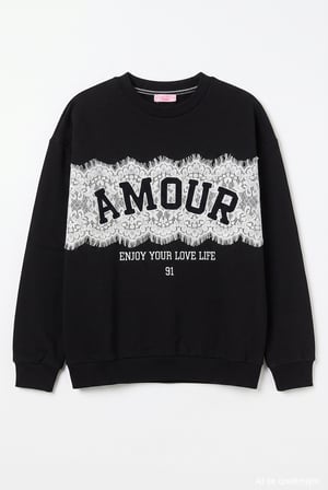 Dantel Aplikeli Oversize Sweatshirt Siyah