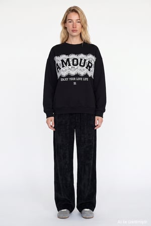 Dantel Aplikeli Oversize Sweatshirt Siyah