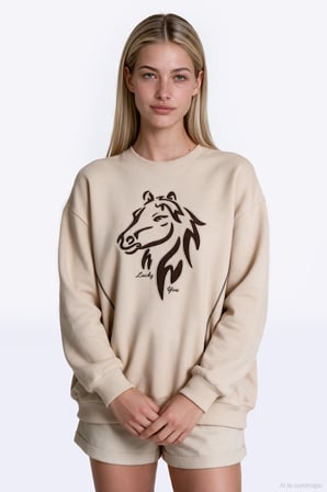 At Figür Nakışlı Sweatshirt Bej