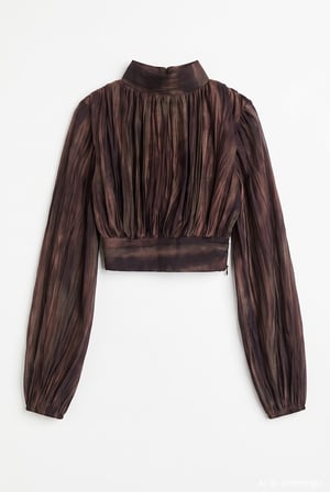 Dik Yaka Drapeli Crop Bluz Kahverengi