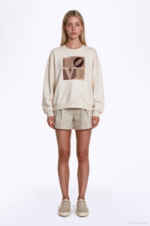 Love Nakışlı Sweatshirt Krem