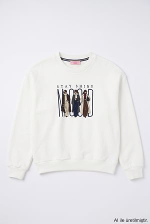 Kadın Figürlü Bisiklet Yaka Sweatshirt Ekru