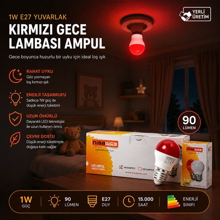 10 ADET 1W E27 KIRMIZI YUVARLAK GECE LAMBASI LED AMPUL EAMP-075 (5582)