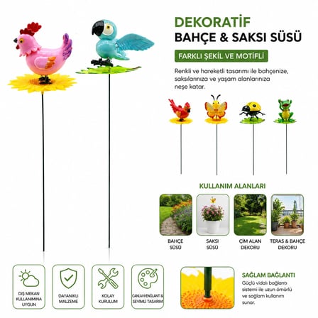48 ADET DEKORATİF BAHÇE - SAKSI SÜSÜ RÜZGARDA SALLANAN YAYLI HAYVAN FİGÜR MİX (5582)