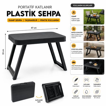 10 ADET KÜÇÜK= 47X33CM KAMP - PİKNİK MASASI SİYAH PLASTİK KATLANABİLİR AYAKLI=38CM (5582)