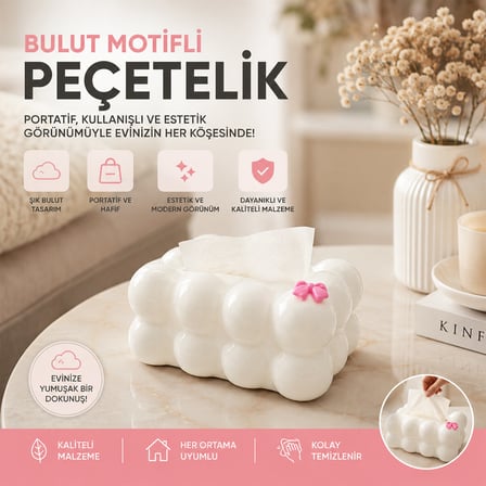 19X12.5X8.5CM BEYAZ YAYLI MASAÜSTÜ BUBBLE DEKORATİF BULUT PEÇETELİK (5582)