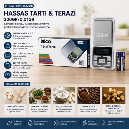 MİNİ=6X12CM HASSAS TARTI - TERAZİ 300GR/0.01GR ŞEFFAF PLS.KAPAKLI - PİLLİ= 2PCS İNCE (5582)