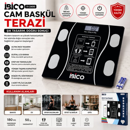 BLUETOOTH - VÜCUT ANALİZLİ DİJİTAL BASKÜL TERAZİ TARTI 180KG/50G YAĞ - SU - KAS ORAN - BMI İ11-023 (