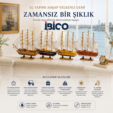 ORTA UZUNLUK : 30CM - GENİŞLİK : 32CM MASAÜSTÜ DEKORATİF AHŞAP YELKENLİ GEMİ SÜS EŞYASI HERHANGİ BİR